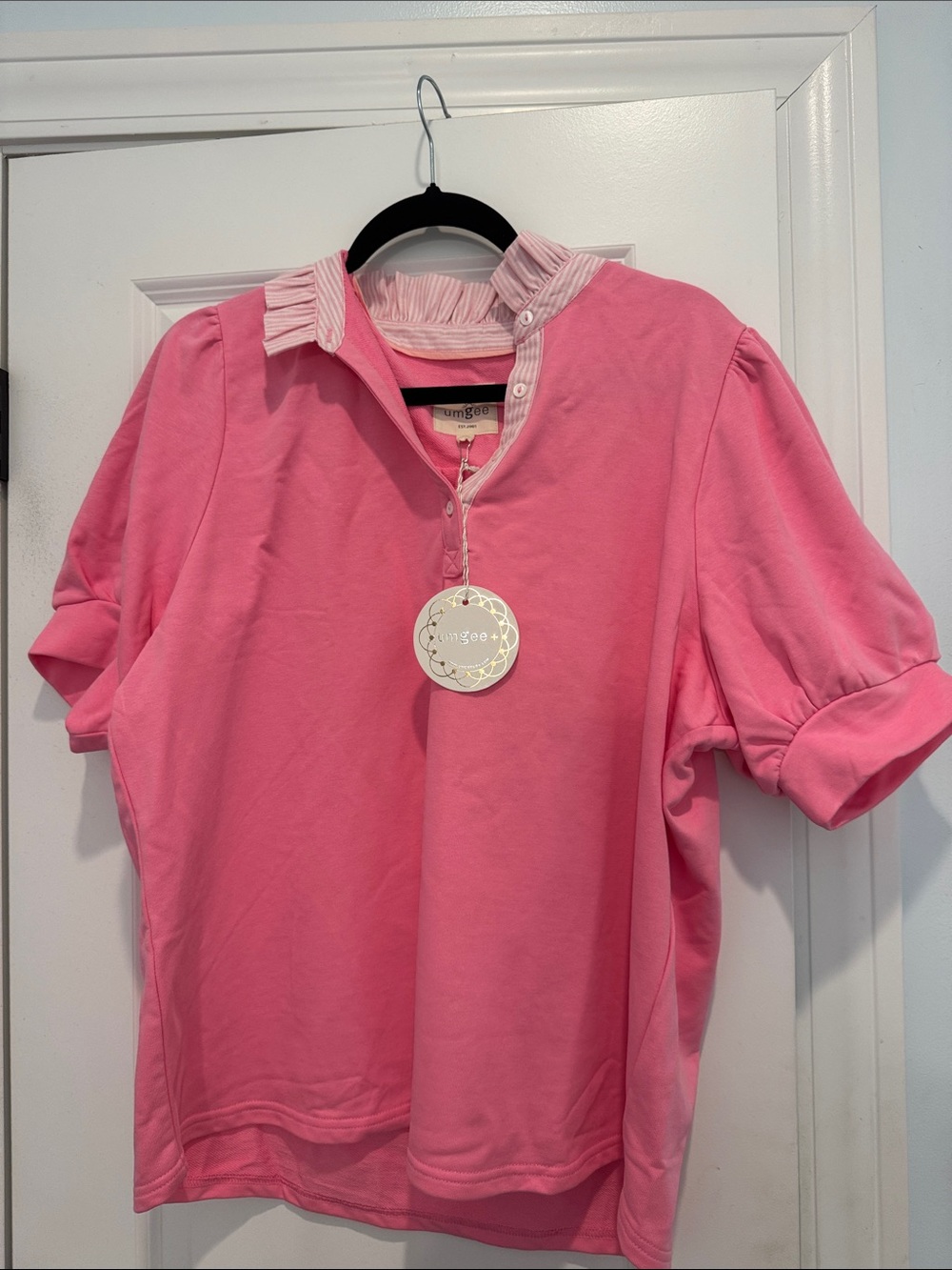 Umgee Pink Short Sleeve Pleated Collar Polo